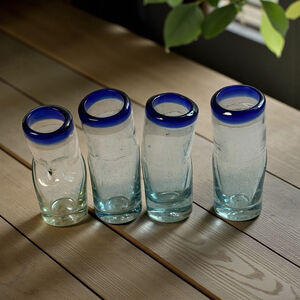 Set of 4 Hand Blown Mexican Glass Shot Glasses Whimsical Cobalt Blue Rim